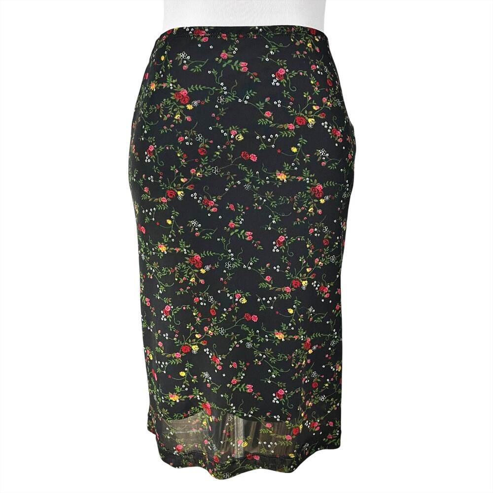 BCBGMAXAZRIA Vintage Y2K Ditsy Floral Black Midi Skirt Size S Botanical Vine